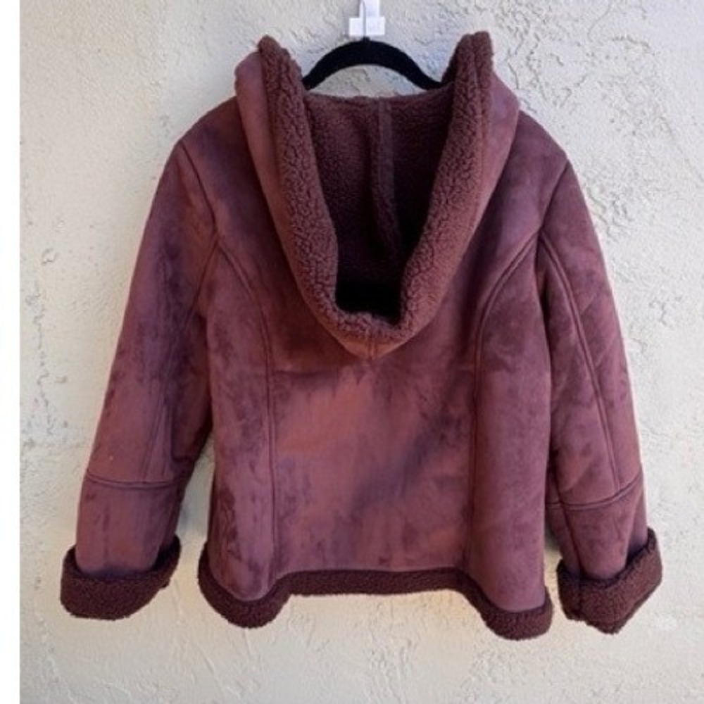 Disney Womens Brown Faux Suede Mickey Sherpa Jacket LARGE Embroidered Cozy - Picture 8 of 9